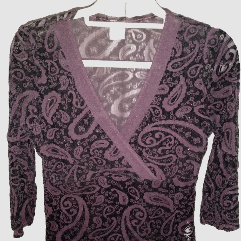Purple Black Burnout Velvet Blouse Paisley Semi Sheer Goth Whimsygoth Wrap Top - Picture 12 of 14